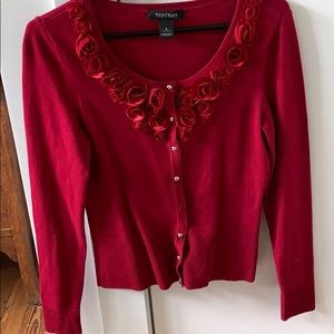 White House Black Market Red Cardigan Roses